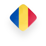 Romania flag icon in a rhombus shape with vertical stripes of blue, yellow, and red