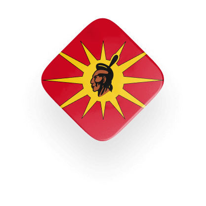 Kahnawake flag with a red background, yellow sunburst, and a profile of a person at the center