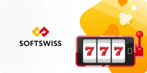 SOFTSWISS logo and a cellphone with slot machine to represent a social casino