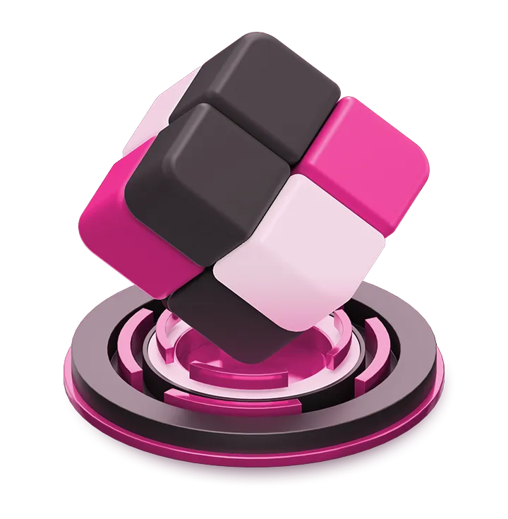 cube with black, pink and white squares over a casino chip