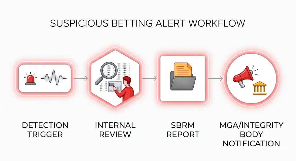Suspicious betting alert workflow — detection trigger → internal review → SBRM report → MGA/integrity body notification