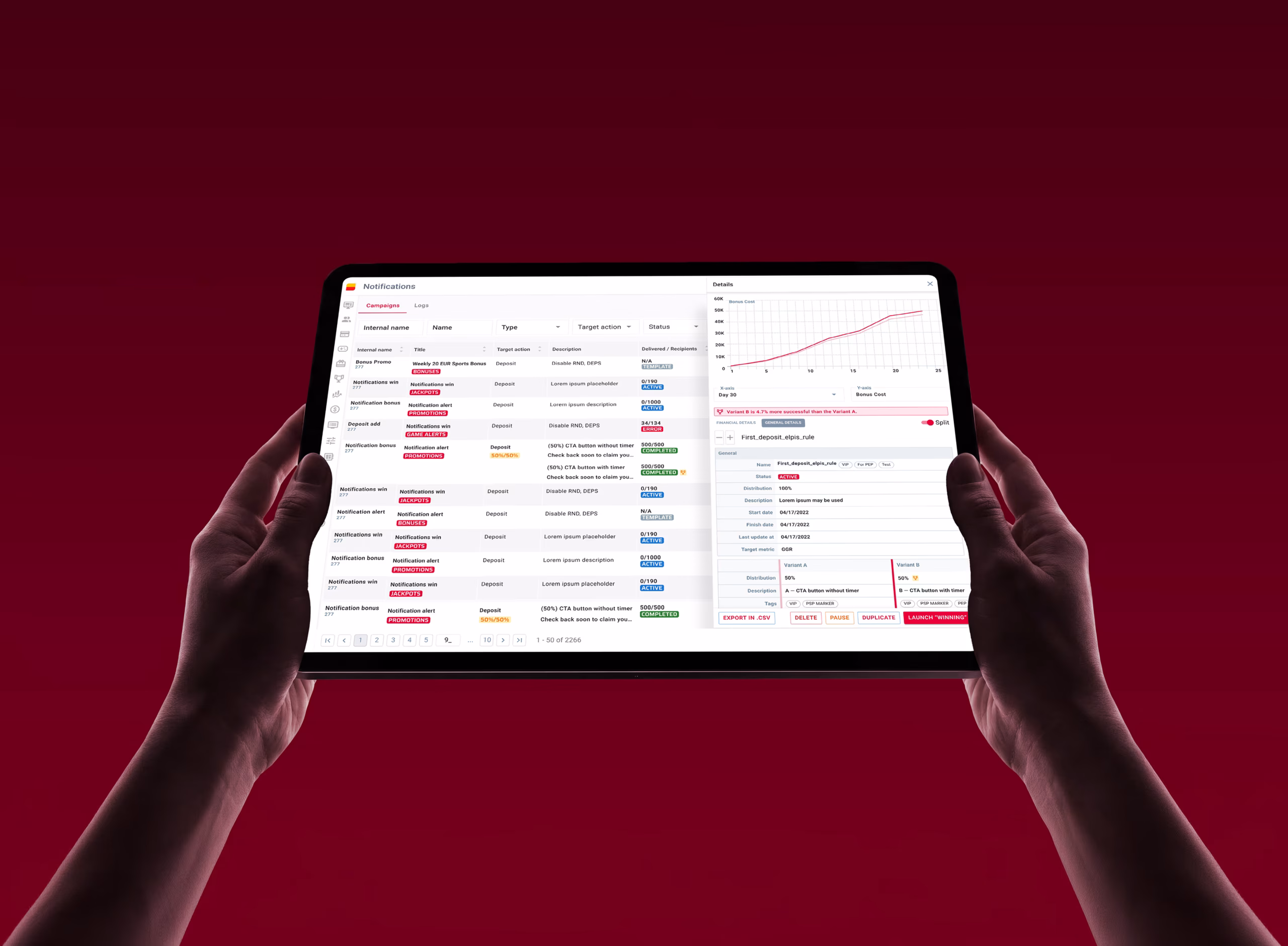Tablet with back office of SOFTSWISS Casino Platform Campaign Management