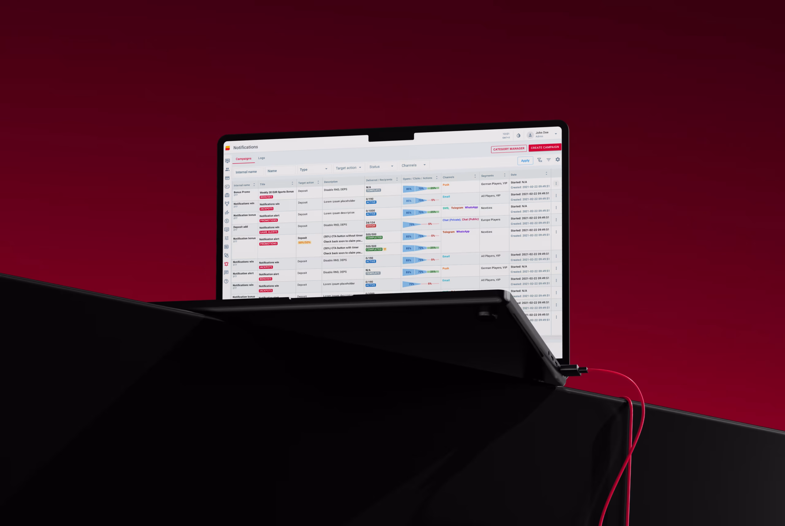 Laptop with back office of SOFTSWISS Casino Platform and Notifications Centre
