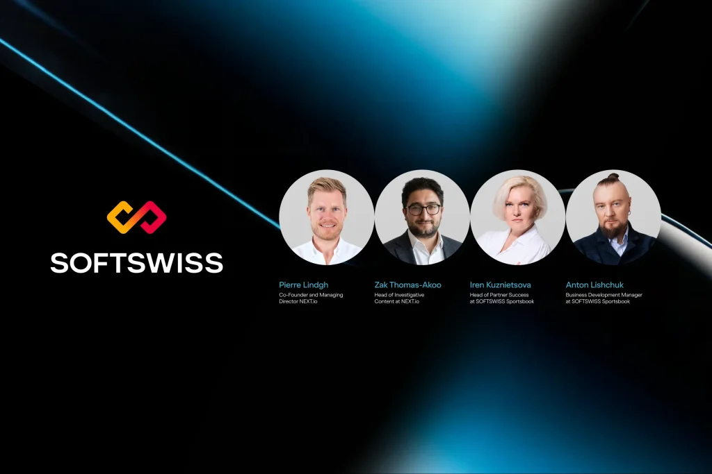dark blue, blue and silver background, SOFTSWISS logoб 4 people in the round pictures