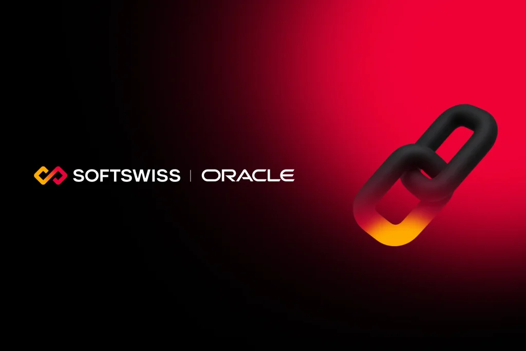 black and red baclground, SOFTSWISS logo, Oracle logo, chain