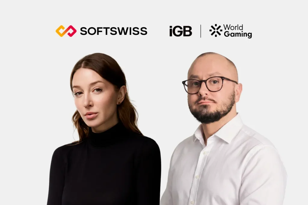 SOFTSWISS logo, iGB logo, Robin Harrison, Olga Resiga, grey background
