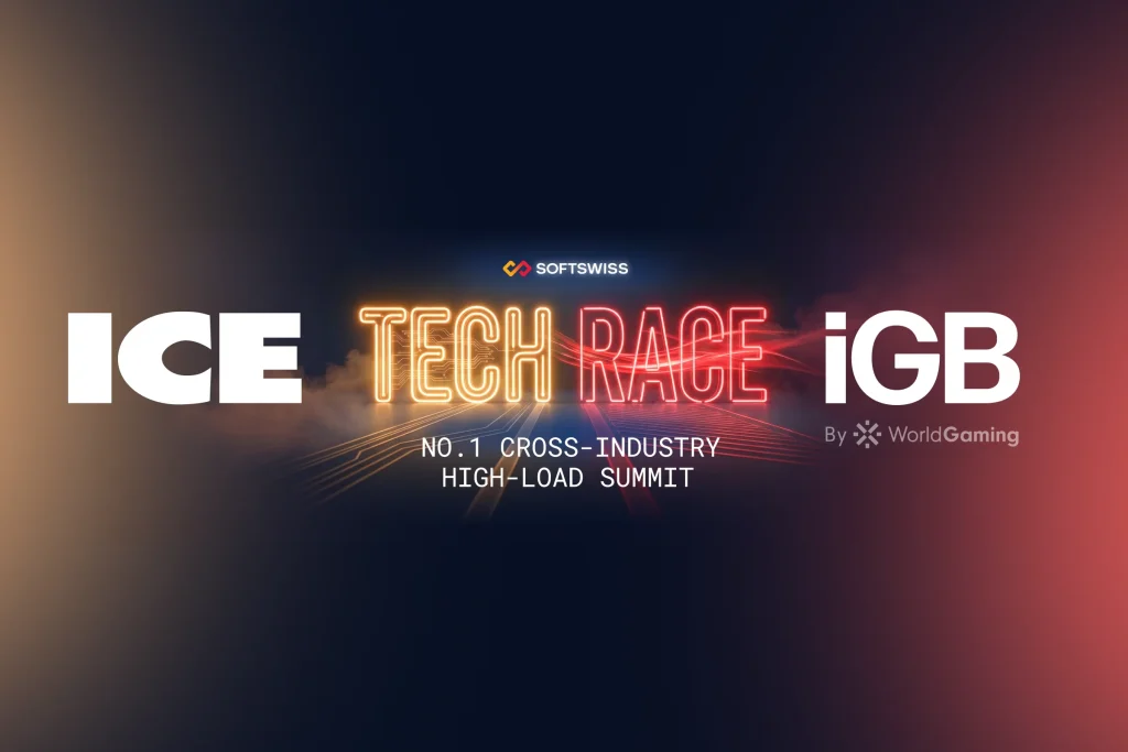 logo Tech Race, ICE, iGB, dark blue, yellow and red background
