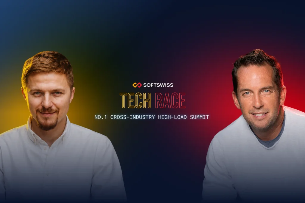 photos of Mikita Mikado, Javier Verdura, dark blue, yellow and red background, tech race logo