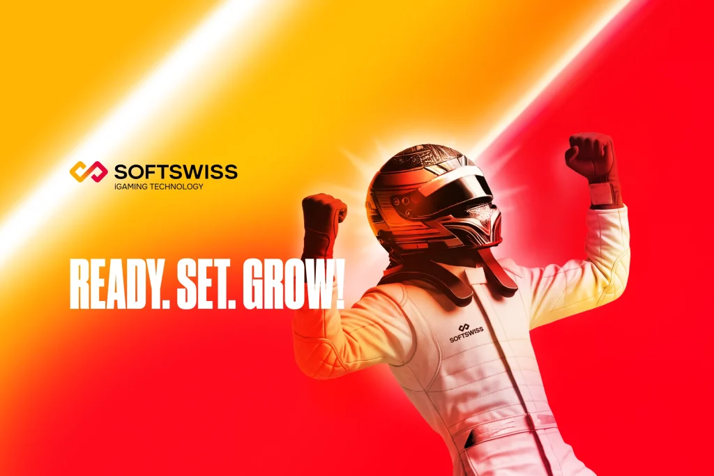yellow and red background, racing pilot in hellmut, SOFTSWISS logo, text ready set grow