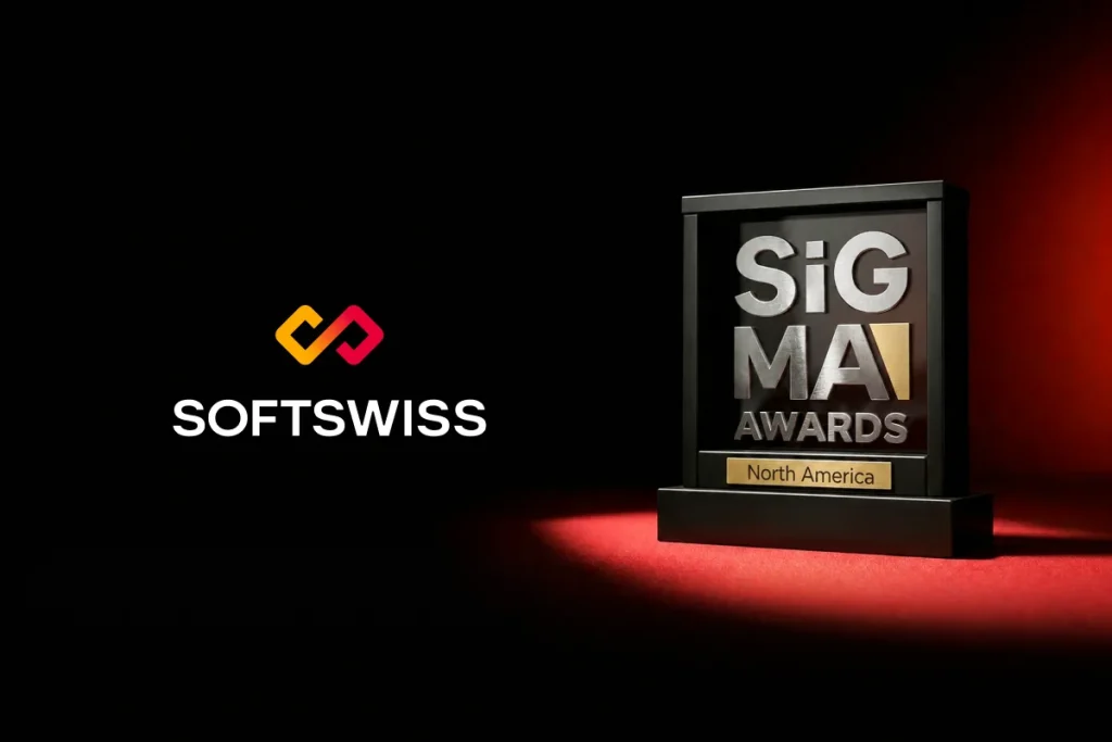 black and red background, SOFTSWISS logo, SiGMA accolade