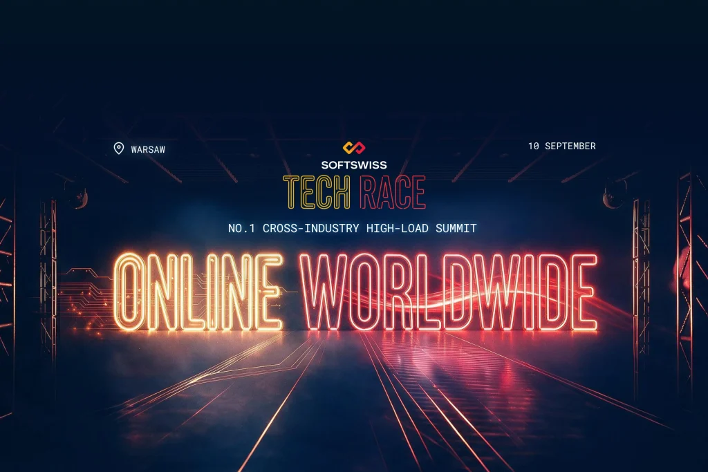 dark blue background, Tech Race logo, yellow neon letters "online", red neon letters "worldwide"