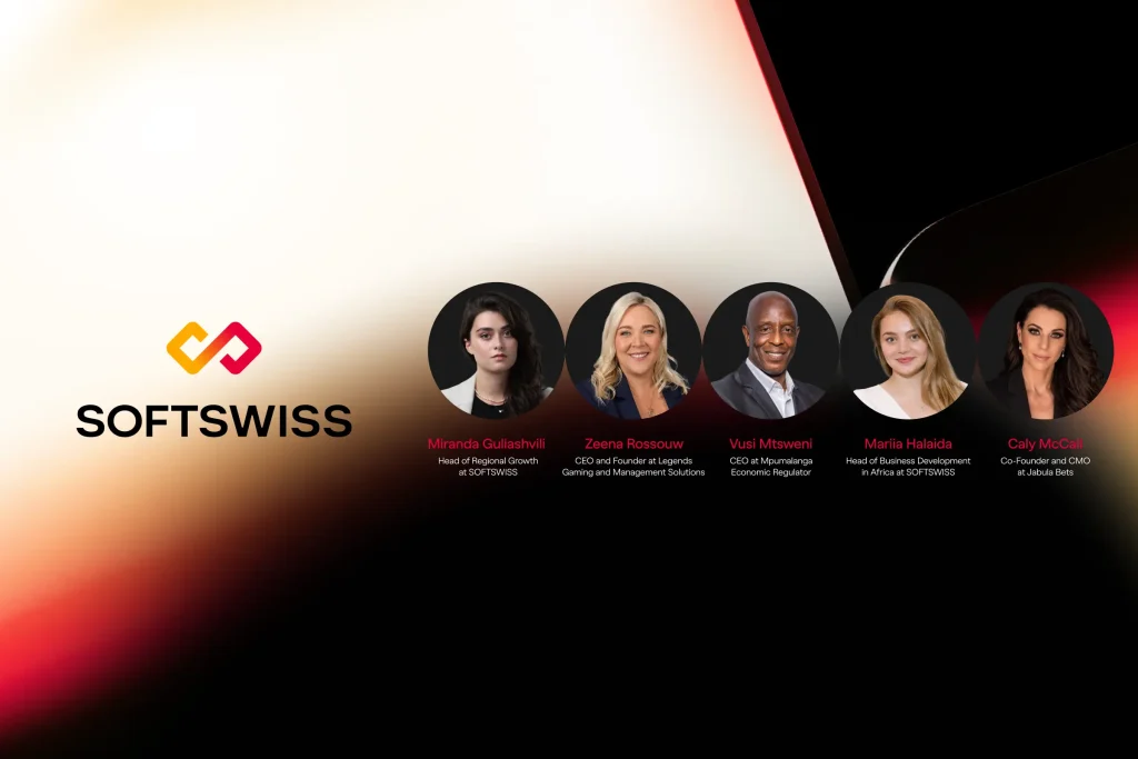 black, yellow and red background, SOFTSWISS logo, five panelists photos in circles
