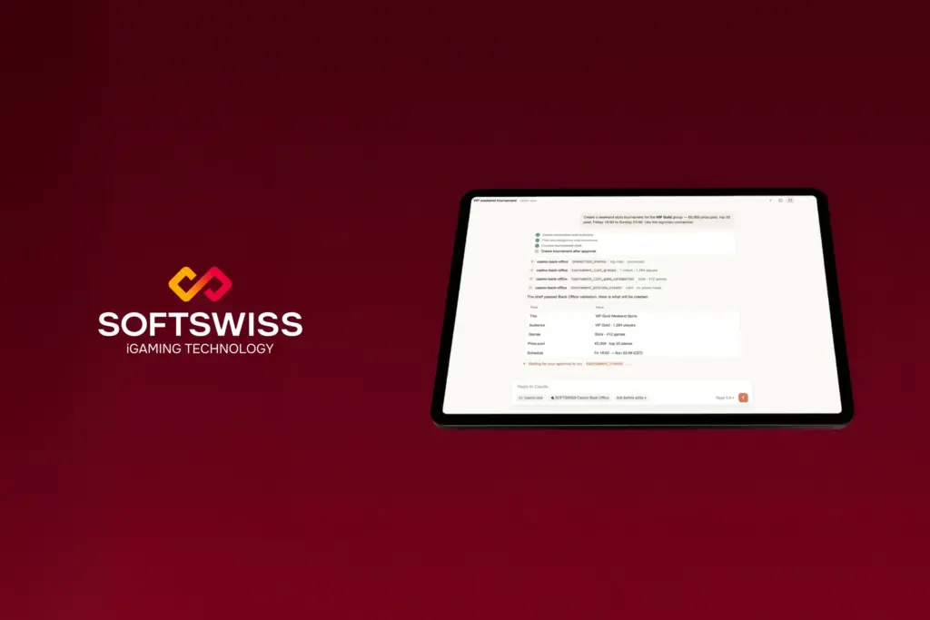 red background, SOFTSWISS logo, ipad with Back Office screenshot